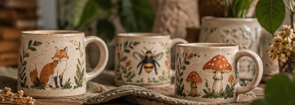 Concept photograph of whimsical handmade ceramics in a warm, bookish setting